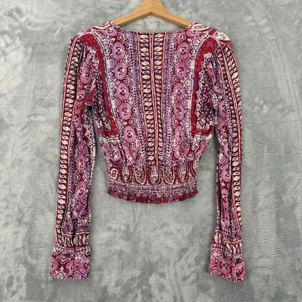 Free People Red Pink Hippie Boho Pattern V Neck Blouse Size Small